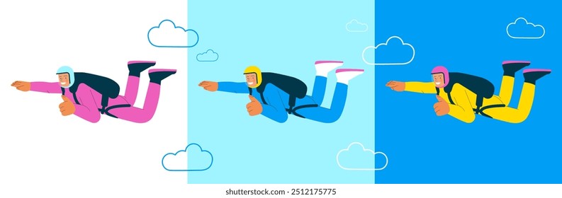 Cheerful flying female show good sign gesture, perform solo skydiving jump. Extreme sport activities. Modern flat vector illustration.