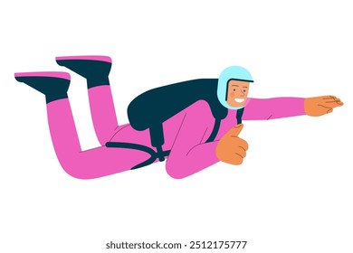 Cheerful flying female show good sign gesture, perform solo skydiving jump. Extreme sport activities. Modern flat vector illustration.