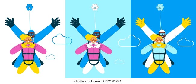 Cheerful flying female show heart sign gesture and male, perform tandem skydiving jump. Extreme sport activities. Modern flat vector illustration.