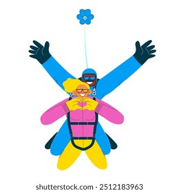 Cheerful flying female show heart sign gesture and male, perform tandem skydiving jump. Extreme sport activities. Modern flat vector illustration.