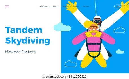 Cheerful flying female show heart sign gesture and male, perform tandem skydiving jump. Extreme sport activities. Modern flat vector illustration. Tandem skydiving. Landing page and website banner tem