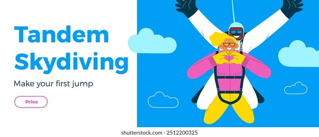 Cheerful flying female show heart sign gesture and male, perform tandem skydiving jump. Extreme sport activities. Modern flat vector illustration. Tandem skydiving. Landing page and website banner tem