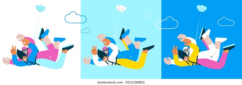 Cheerful flying female show piece sign gesture and male, perform tandem skydiving jump. Extreme sport activities. Modern flat vector illustration.