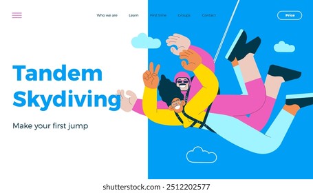 Alegre espectáculo femenino volador muestra el gesto y el macho, realizan el salto en tándem del paracaidismo. Actividades deportivas extremas. Moderna Ilustración vectorial plana. Paracaidismo Tandem. Landing page y Anuncio de Sitio web