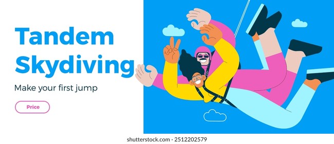 Voo alegre feminino mostrar peça sinal gesto e masculino, executar salto paraquedismo tandem. Atividades desportivas extremas. Ilustração vetorial plana moderna. Paraquedismo em tandem. Banner da página inicial e do site