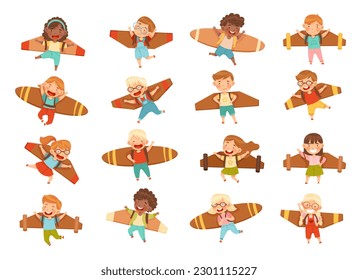 Cheerful Flying Kids with Improvised Fake Wings Playing Big Vector Set