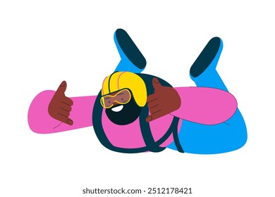 Cheerful flying male perform solo skydiving jump. Extreme sport activities. Modern flat vector illustration.