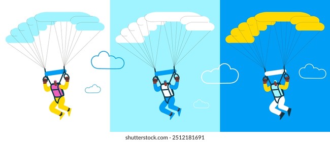 Cheerful flying male perform solo skydiving jump with parachute. Extreme sport activities. Modern flat vector illustration.