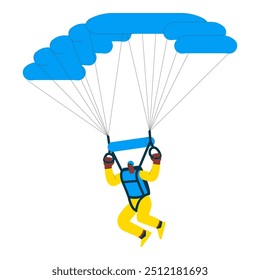 Cheerful flying male perform solo skydiving jump with parachute. Extreme sport activities. Modern flat vector illustration.