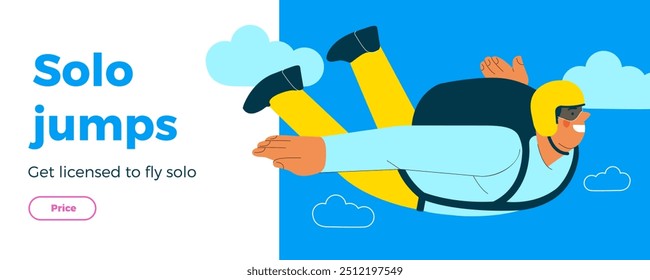 Cheerful flying male perform solo skydiving jump. Extreme sport activities. Modern flat vector illustration. Solo jump. Landing page and website banner template.