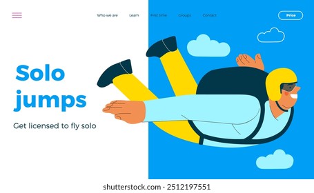 Cheerful flying male perform solo skydiving jump. Extreme sport activities. Modern flat vector illustration. Solo jump. Landing page and website banner template.