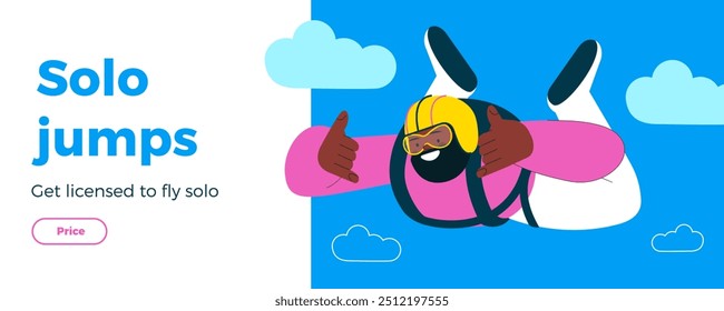 Cheerful flying male perform solo skydiving jump. Extreme sport activities. Modern flat vector illustration. Solo jump. Landing page and website banner template.