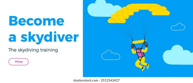 Cheerful flying male perform solo skydiving jump with parachute. Extreme sport activities. Modern flat vector illustration. Become a skydiver. Landing page and website banner template.