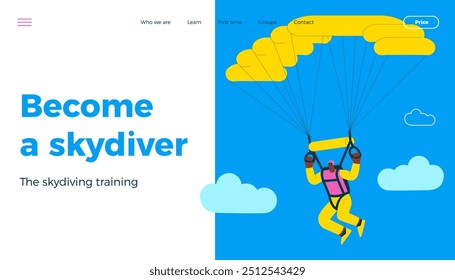 Cheerful flying male perform solo skydiving jump with parachute. Extreme sport activities. Modern flat vector illustration. Become a skydiver. Landing page and website banner template.