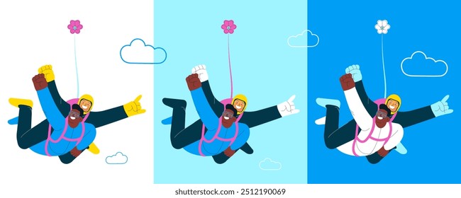 Los machos voladores alegres realizan salto de paracaidismo en tándem, los machos realizan pose de superhombre. Actividades deportivas extremas. Moderna Ilustración vectorial plana.