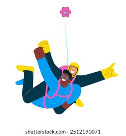 Los machos voladores alegres realizan salto de paracaidismo en tándem, los machos realizan pose de superhombre. Actividades deportivas extremas. Moderna Ilustración vectorial plana.