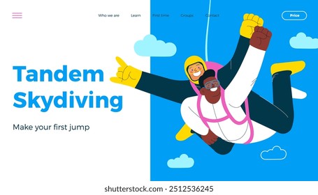 Los machos voladores alegres realizan salto de paracaidismo en tándem, los machos realizan pose de superhombre. Actividades deportivas extremas. Moderna Ilustración vectorial plana. Paracaidismo Tandem. Landing page y Plantilla de Anuncio de Sitio web.