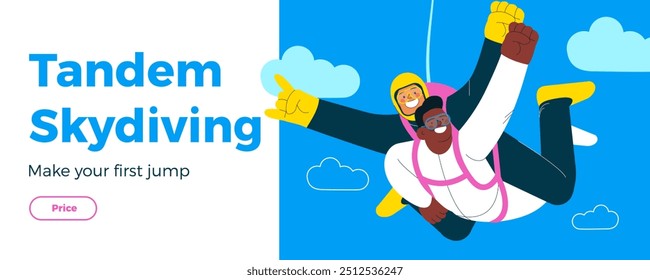 Los machos voladores alegres realizan salto de paracaidismo en tándem, los machos realizan pose de superhombre. Actividades deportivas extremas. Moderna Ilustración vectorial plana. Paracaidismo Tandem. Landing page y Plantilla de Anuncio de Sitio web.