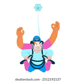 Cheerful flying senior female and male show o'kay sign gesture, perform tandem skydiving jump. Extreme sport activities. Modern flat vector illustration.