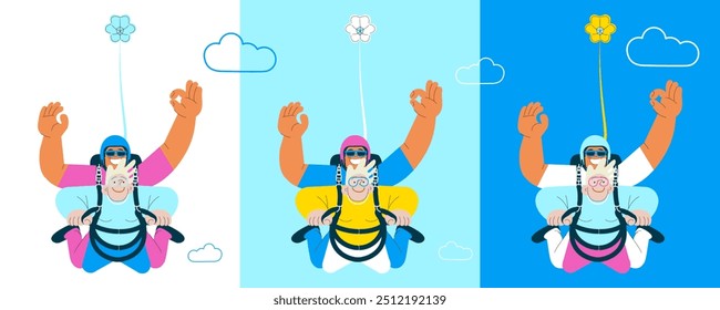 Cheerful flying senior female and male show o'kay sign gesture, perform tandem skydiving jump. Extreme sport activities. Modern flat vector illustration.