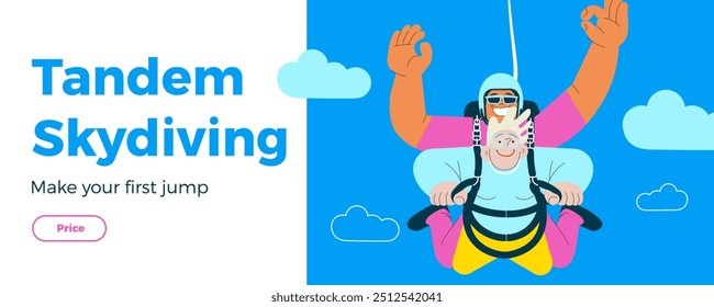 Cheerful flying senior female and male show o'kay sign gesture, perform tandem skydiving jump. Extreme sport activities. Modern flat vector illustration. Tandem skydiving. Landing page, website banner