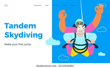 Cheerful flying senior female and male show o'kay sign gesture, perform tandem skydiving jump. Extreme sport activities. Modern flat vector illustration. Tandem skydiving. Landing page, website banner