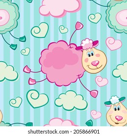 The cheerful flying sheep seamless vector pattern. Happy new year background