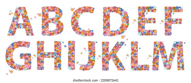 cheerful font alphabet with tiny colorful flowers. flowering set of capital letters A - M with flying petal around. little blossom with five leaf. orange, pink and blue bloom. figure filled of florets