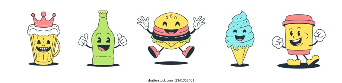 Cheerful food and drink cute cartoon character comic mascot set retro 30s animation style icon vector flat illustration. Funny beer mug beverage bottle burger ice cream coffee paper cup smile emoticon