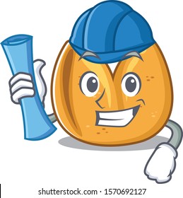 Cheerful fortune cookie on Architect cartoon style holding blue prints