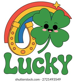 A cheerful four-leaf clover with a smiling face, a golden horseshoe, and a colorful rainbow above the word 'Lucky' in green letters.
