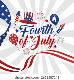 Cheerful Fourth of July Independence Day Typography with Playful Icon Decorations. USA Independence Day Theme Elements. Fit for 4th of July 2025 celebration banner, background, greeting, poster, flyer