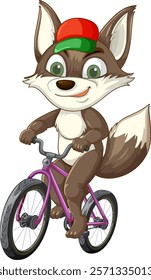 A cheerful fox cycling with a red cap