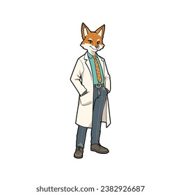Cheerful Fox Doctor or Lab Scientist Cartoon Character in White Coat