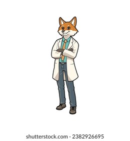 Fröhlicher Fox Doctor oder Lab Scientist Cartoon Character in White Coat