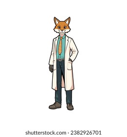 Cheerful Fox Doctor or Lab Scientist Cartoon Character in White Coat