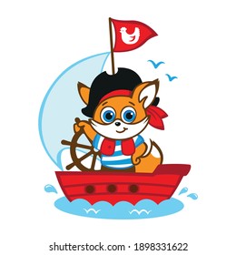 Cheerful fox pirate on a ship