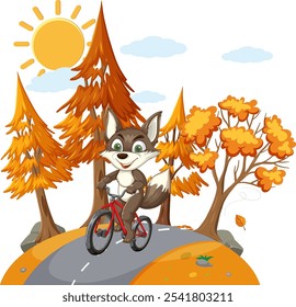 A cheerful fox rides a bike in fall scenery