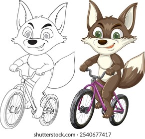 A cheerful fox riding a purple bicycle