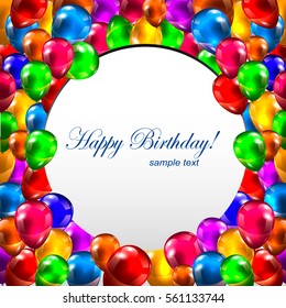 Cheerful Framed Holiday Banner with Realistic Glance Balloons and Happy Birthday Text Inside. 3D Vector Illustration