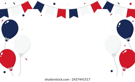 Cheerful France celebration background illustration with the France flag-colored party bunting, balloons, and confetti. Flat design illustration.