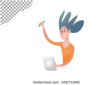 Cheerful freelancer artist draws on the screen of a digital tablet. Bright cartoon character creator isolated on white background - vector