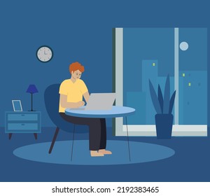 Cheerful freelancer working at table flat vector illustration. Man sitting at desk and looking at laptop screen.