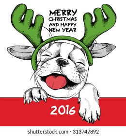 Cheerful French Bulldog portrait in mask Santa's antler reindeer. Vector illustration.