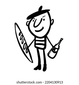 A cheerful Frenchman with a baguette and a bottle of wine. A hand-drawn character. Vector doodle illustration