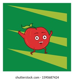 Cheerful and fresh red apple with leaf hair is smiling while it is runnin' on a green background with triangles.