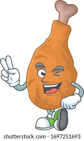 Cheerful fried chicken mascot design with two fingers