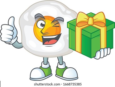 Cheerful fried egg cartoon character holding a gift box