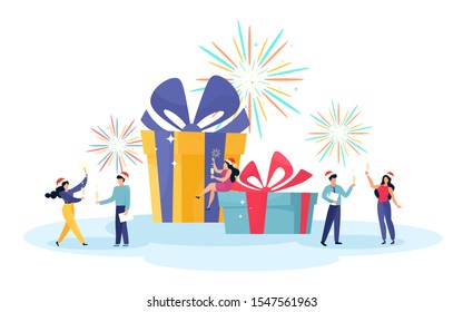 Cheerful friendly business team celebrate New Year's holidays with champagne toasts. Little cartoon characters in flat style.Vector illustration.