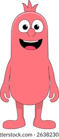 A cheerful and friendly cartoon illustration of a red, sausage shaped character with a wide, happy smile and large, expressive eyes